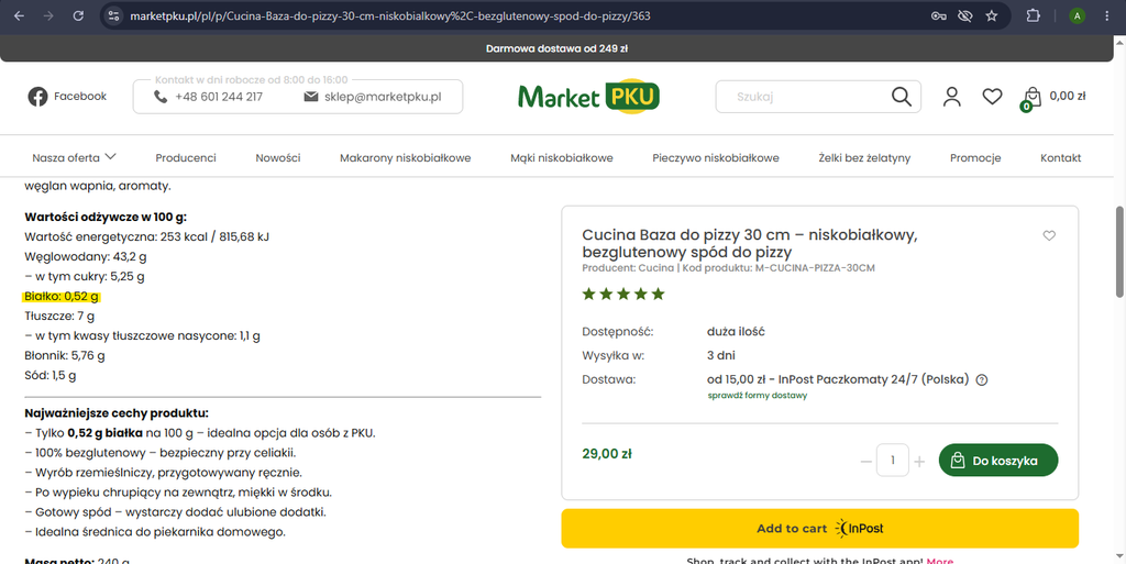 Prawidłowe białko pizza bezglutenowa Cucina sklep MarketPKU