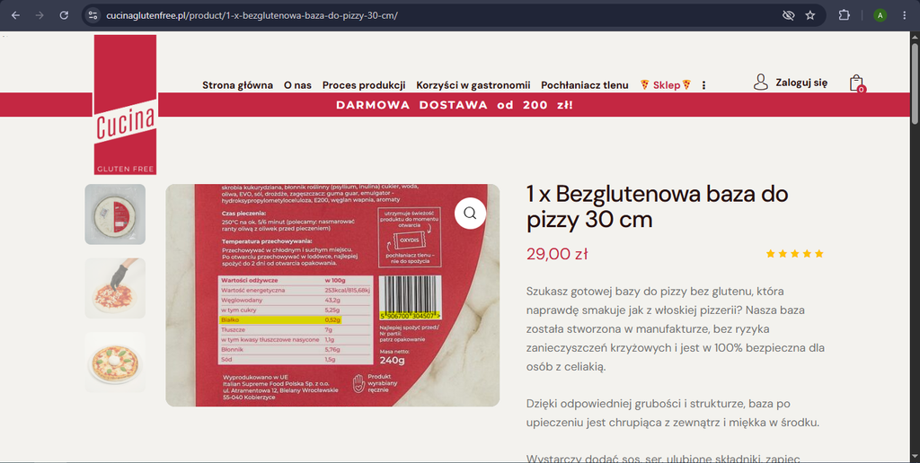 Prawidłowe białko pizza bezglutenowa Cucina strona producenta
